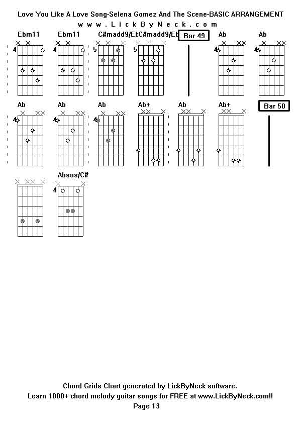 Chord Grids Chart of chord melody fingerstyle guitar song-Love You Like A Love Song-Selena Gomez And The Scene-BASIC ARRANGEMENT,generated by LickByNeck software.